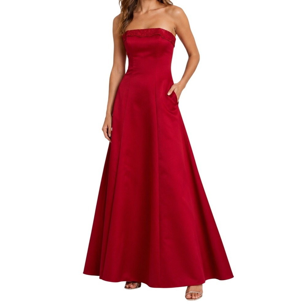 Michaelangelo Red Strapless Beaded A-Line Formal Gown Dress Women's 4